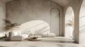 Modern minimalist interior with arch, concrete floor, sofa. Generative Ai Royalty Free Stock Photo