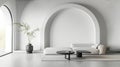 Modern minimalist interior with arch, concrete floor, sofa. Generative Ai Royalty Free Stock Photo