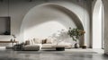Modern minimalist interior with arch, concrete floor, sofa. Generative Ai Royalty Free Stock Photo