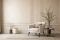 Modern minimalist interior with armchair on cream wall Royalty Free Stock Photo