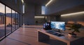 Modern minimalist interior with computer setup and zen garden view at sunset Royalty Free Stock Photo