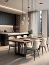 Modern minimalist interior design of luxury kitchen, dining table and chairs Royalty Free Stock Photo