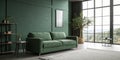 Modern minimalist interior with a green sofa on empty dark green wall. 3D rendering Royalty Free Stock Photo