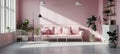 The modern minimalist interior of the living room in pastel pink tones. A comfortable sofa with cushions, an armchair Royalty Free Stock Photo