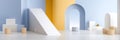 Modern minimalist interior with staircase and colorful arches Royalty Free Stock Photo