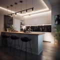 Modern minimalist kitchen in black and white with loft-style elements, spectacular lighting, counter and bar stools. Royalty Free Stock Photo