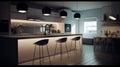 Modern minimalist kitchen in black and white with loft-style elements, spectacular lighting, counter and bar stools. Royalty Free Stock Photo