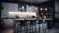 Modern minimalist kitchen in black and white with loft-style elements, spectacular lighting, counter and bar stools. Royalty Free Stock Photo