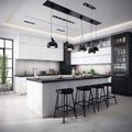 Modern minimalist kitchen in black and white with loft-style elements, spectacular lighting, counter and bar stools. Royalty Free Stock Photo