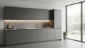 Modern minimalist kitchen design with gray cabinetry and large windows Royalty Free Stock Photo
