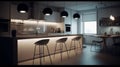 Modern minimalist kitchen with dining area. White facades, a long bar counter with bar stools, LED lighting.