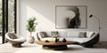 Modern minimalist living room with black and white furniture, round table, sculptural style, light brown and white Royalty Free Stock Photo