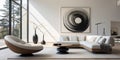 Modern minimalist living room with black and white furniture, round table, sculptural style, light brown and white Royalty Free Stock Photo