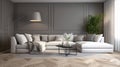Modern minimalist living room. Gray walls, large corner sofa, black coffee table, decorative plant, floor lamp, parquet Royalty Free Stock Photo