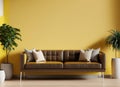 modern minimalist living room interior with leather sofa on empty yellow wall coffee table AI Generated Royalty Free Stock Photo