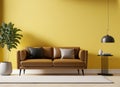 modern minimalist living room interior with leather sofa on empty yellow wall coffee table AI Generated Royalty Free Stock Photo