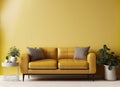 modern minimalist living room interior with leather sofa on empty yellow wall coffee table AI Generated Royalty Free Stock Photo