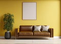 modern minimalist living room interior with leather sofa on empty yellow wall coffee table AI Generated Royalty Free Stock Photo