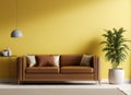 modern minimalist living room interior with leather sofa on empty yellow wall coffee table AI Generated Royalty Free Stock Photo