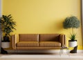 modern minimalist living room interior with leather sofa on empty yellow wall coffee table AI Generated Royalty Free Stock Photo