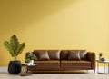 modern minimalist living room interior with leather sofa on empty yellow wall coffee table AI Generated Royalty Free Stock Photo