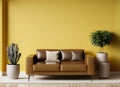modern minimalist living room interior with leather sofa on empty yellow wall coffee table AI Generated Royalty Free Stock Photo