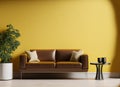 modern minimalist living room interior with leather sofa on empty yellow wall coffee table AI Generated Royalty Free Stock Photo