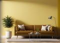 modern minimalist living room interior with leather sofa on empty yellow wall coffee table AI Generated Royalty Free Stock Photo
