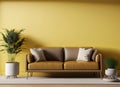 modern minimalist living room interior with leather sofa on empty yellow wall coffee table AI Generated Royalty Free Stock Photo