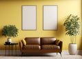 modern minimalist living room interior with leather sofa on empty yellow wall coffee table AI Generated Royalty Free Stock Photo