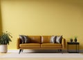 modern minimalist living room interior with leather sofa on empty yellow wall coffee table AI Generated Royalty Free Stock Photo