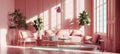Modern minimalist living room interior in pastel pink tones. Comfortable sofa with cushions, armchairs, coffee table