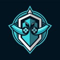 A modern, minimalist logo design with a shield featuring gaming controller buttons and curved wings, rendered in shades of blue, Royalty Free Stock Photo