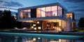 Modern minimalist metal and glass stack-cube house. Illuminated villa with terrace and pool