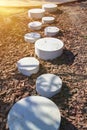 modern minimalist path of round stones in park leading on ground mulched bark of trees Royalty Free Stock Photo