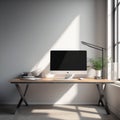 Modern minimalist remote work home office desk with blank computer screen and natural light Royalty Free Stock Photo