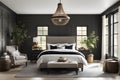 modern minimalist romantic room with hanging lamp in farmhouse black and white style