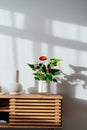 Modern minimalist Scandinavian style interior. Candles, ceramic vase and House plant red Anthurium in a pot on a wooden Royalty Free Stock Photo