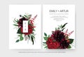 Modern minimalist wedding invite cards editable template set. Burgundy dahlia flowers, elegant red garden Rose, greenery