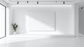 A modern, minimalist white gallery room features a large rectangular canvas centered on the back wall. Royalty Free Stock Photo