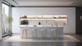 Modern minimalist white kitchen in a luxury city apartment. White facades, a kitchen island with bar stools, a plant in