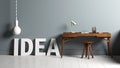 Modern minimalist workstation and 3D text IDEA and a lightbulb
