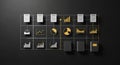 Abstract data analysis icons grid with bar graph line chart pie chart and geometric shapes on black background for modern Royalty Free Stock Photo