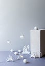 Modern minimalistic christmas composition with white deers, winter house with lights and decoration balls