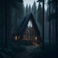 Modern Minimalistic Construction Cabin With Big Glass Windows With Reflection In Dark Pine Tree Forest Generative Ai Illustration Royalty Free Stock Photo