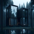 Modern Minimalistic Construction Cabin With Big Glass Windows With Reflection In Dark Pine Tree Forest Generative Ai Illustration Royalty Free Stock Photo