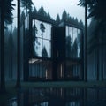 Modern Minimalistic Construction Cabin With Big Glass Windows With Reflection In Dark Pine Tree Forest Generative Ai Illustration Royalty Free Stock Photo