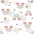 Modern minimalistic cute pattern with abstract rainbow, clouds and dots. Seamless pattern in pastel colors for kids