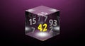 3D rendered colorful cube with numbers 15, 7, 9, and 42 on pink, purple, and yellow faces against a purple and black gradient Royalty Free Stock Photo