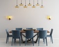 Modern minimalistic dining room interior with beige empty walls, a concrete table with blue chairs near it.